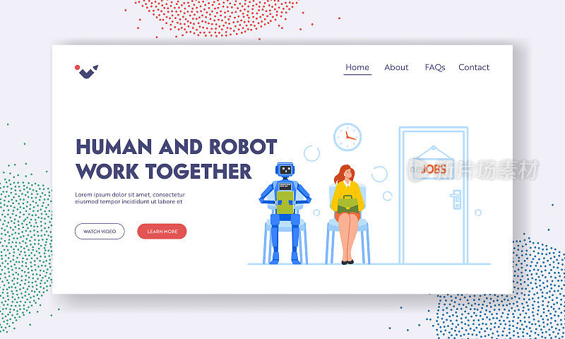 人类和机器人一起工作着陆页模板。机器人和女人在招聘。女性角色和Android Wait Hire